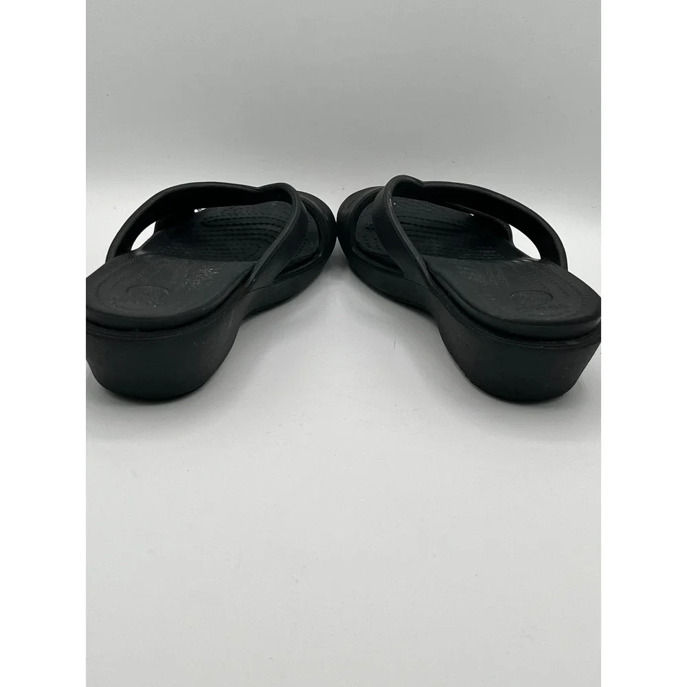 Crocs Meleen Black Strappy Wedge Sandals Women Size 6 Slip On Comfort Shoes